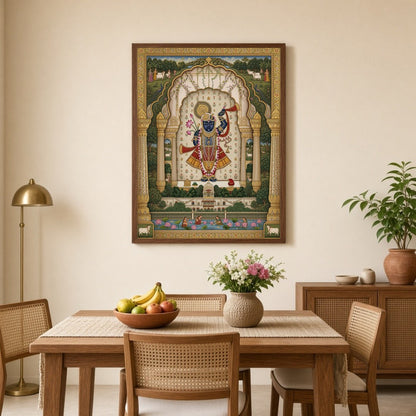 Experience the divine elegance of Lord Krishna in this exquisite Pichwai artwork, adorned with a for Dining
