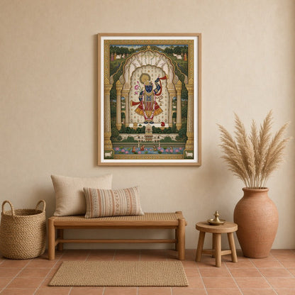 Experience the divine elegance of Lord Krishna in this exquisite Pichwai artwork, adorned with a for Entrance
