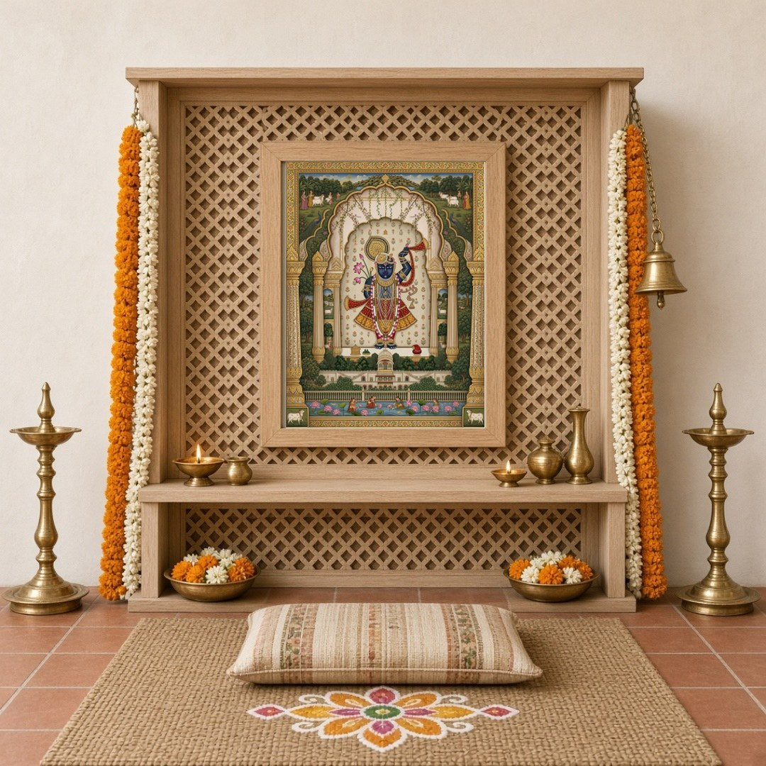 Experience the divine elegance of Lord Krishna in this exquisite Pichwai artwork, adorned with a for Home Temple