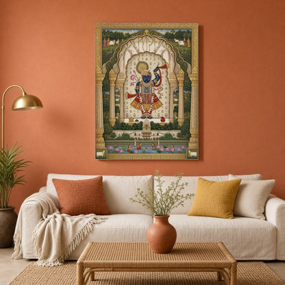 Experience the divine elegance of Lord Krishna in this exquisite Pichwai artwork, adorned with a for Living Room