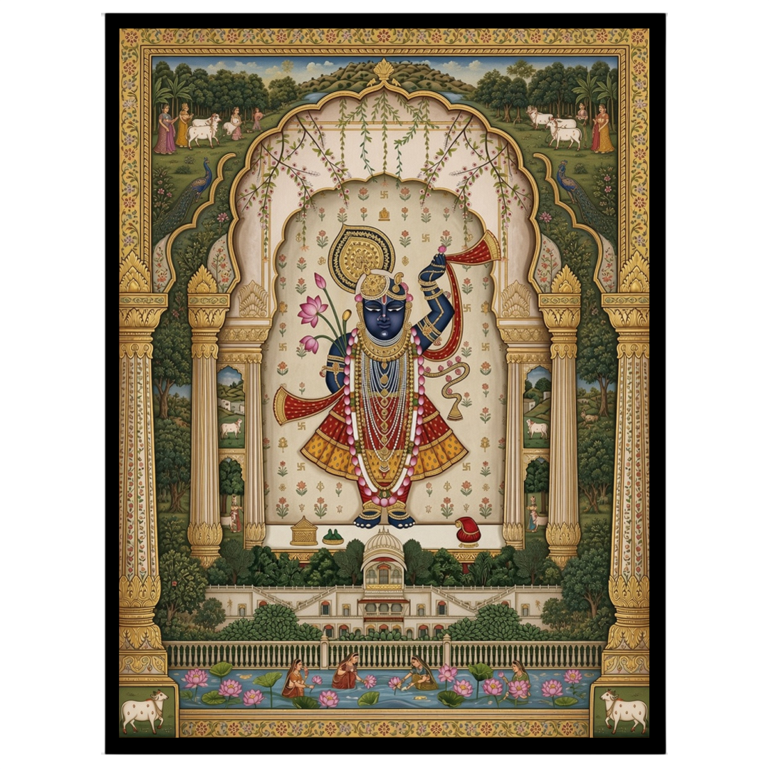Experience the divine elegance of Lord Krishna in this exquisite Pichwai artwork, adorned with a for sanctuary