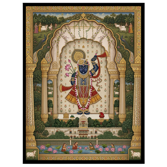Experience the divine elegance of Lord Krishna in this exquisite Pichwai artwork, adorned with a for sanctuary