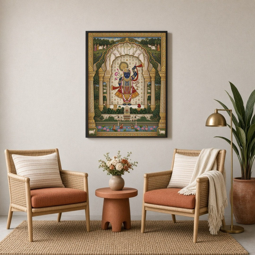 Experience the divine elegance of Lord Krishna in this exquisite Pichwai artwork, adorned with a for Sitting Lounge