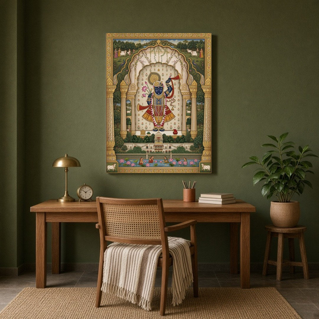 Experience the divine elegance of Lord Krishna in this exquisite Pichwai artwork, adorned with a for Study
