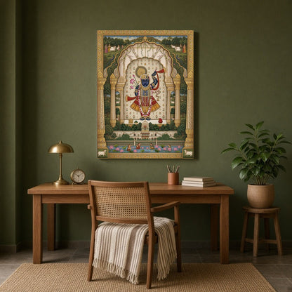 Experience the divine elegance of Lord Krishna in this exquisite Pichwai artwork, adorned with a for Study
