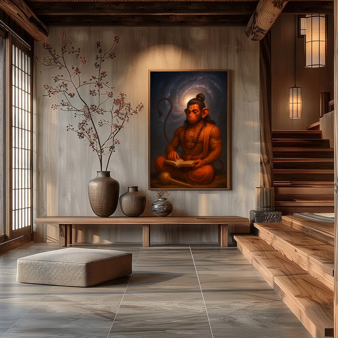 Immerse yourself in the tranquil beauty of divine wisdom with this stunning depiction of Hanuman for Hall