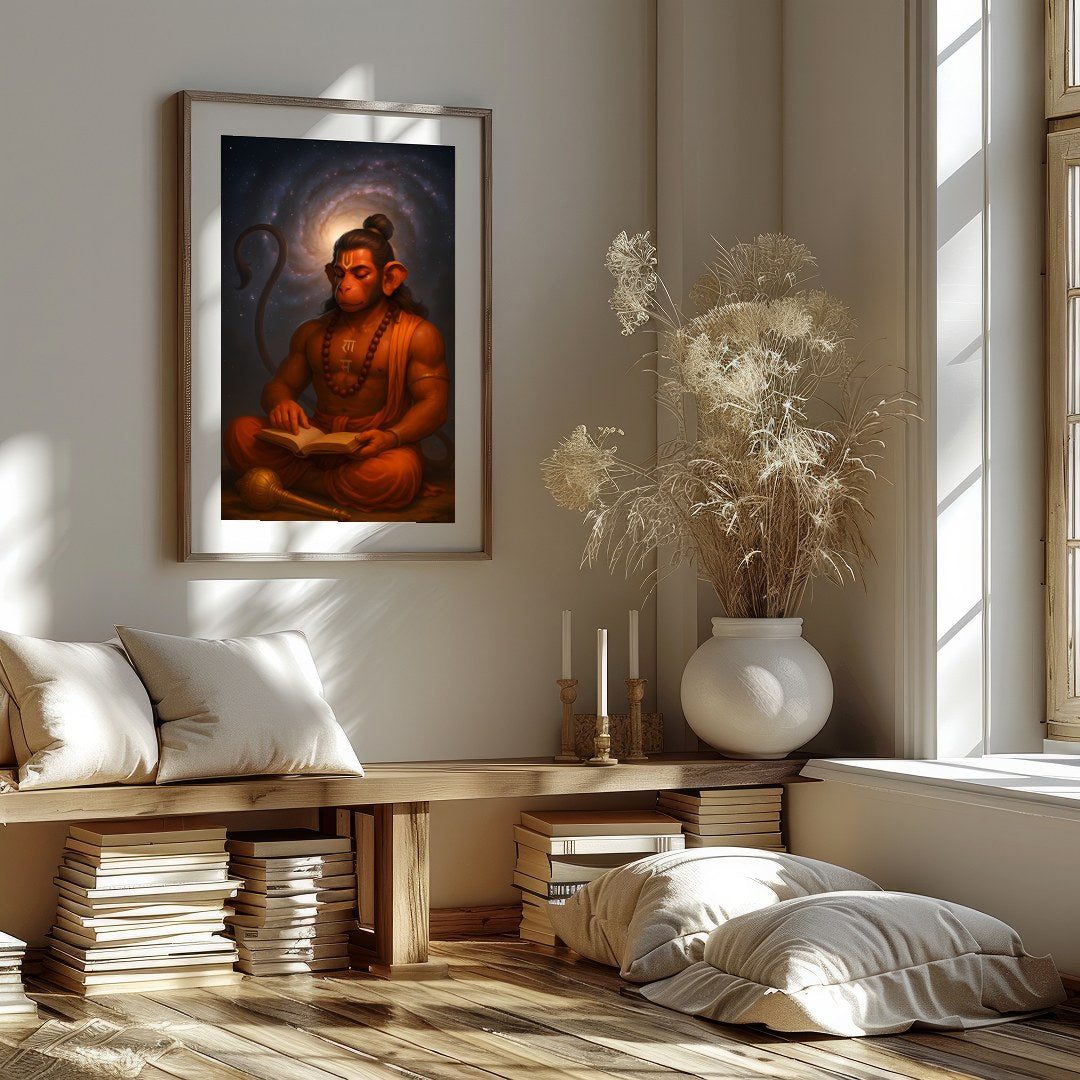 Immerse yourself in the tranquil beauty of divine wisdom with this stunning depiction of Hanuman for place