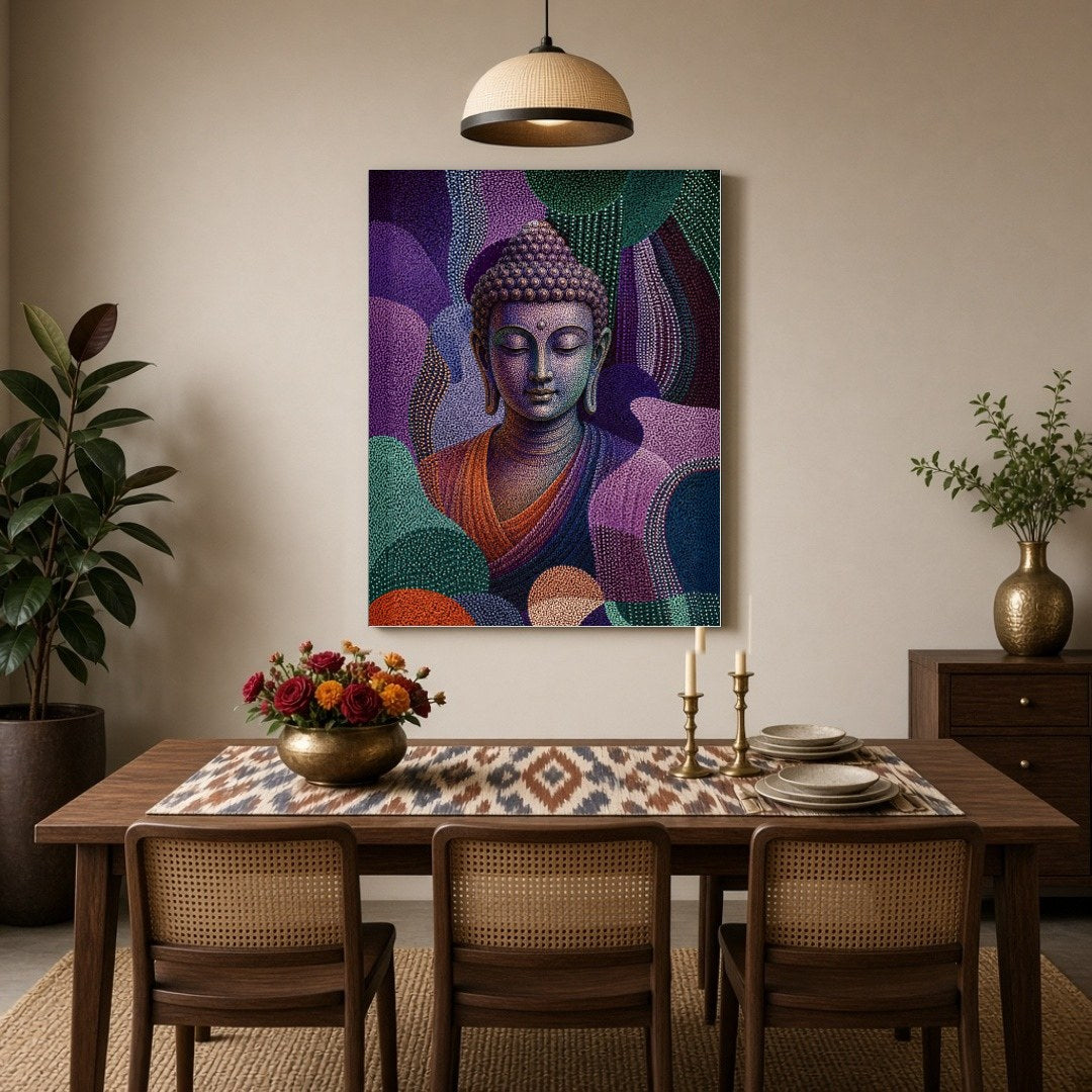 Immerse your space in tranquility with this mesmerizing depiction of Lord Buddha enveloped in a for Dining