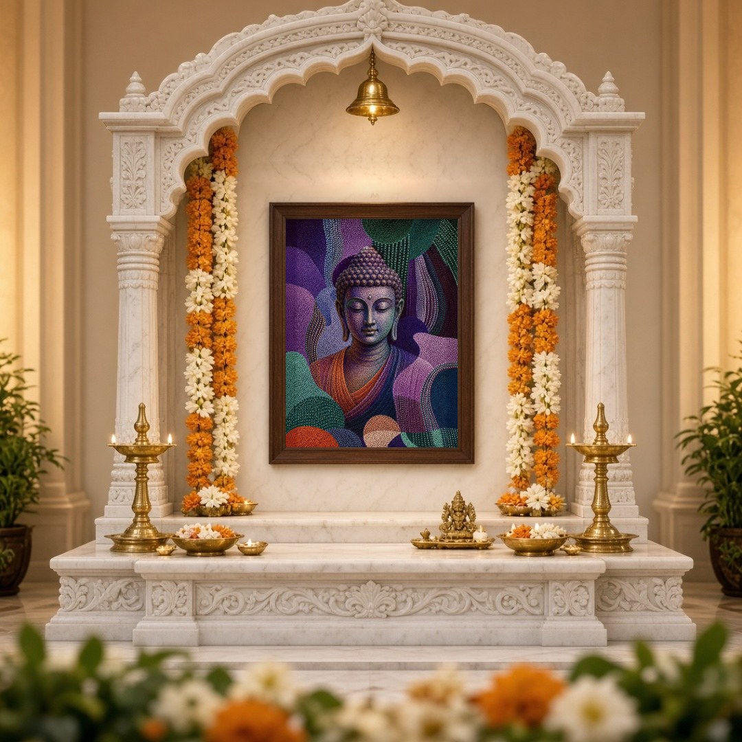 Immerse your space in tranquility with this mesmerizing depiction of Lord Buddha enveloped in a for Home Temple