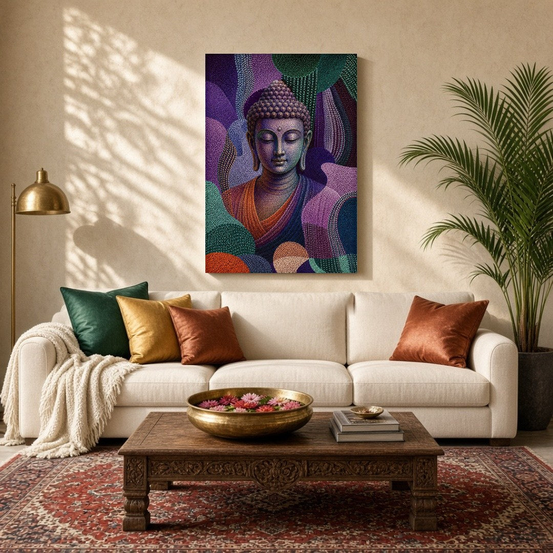 Immerse your space in tranquility with this mesmerizing depiction of Lord Buddha enveloped in a for Living Room