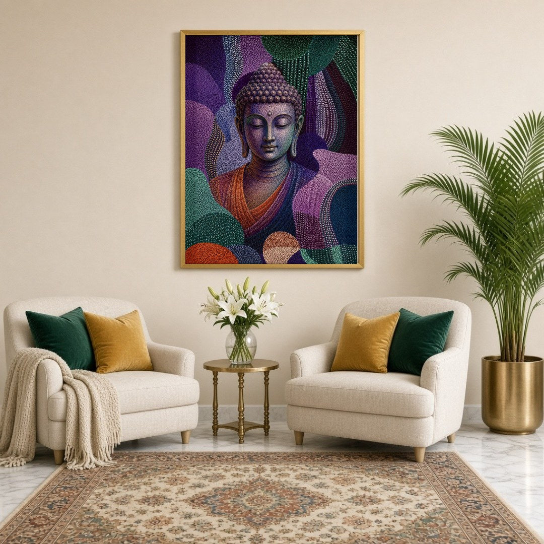 Immerse your space in tranquility with this mesmerizing depiction of Lord Buddha enveloped in a for Sitting Lounge