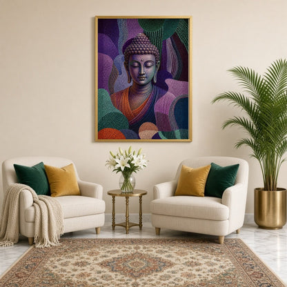Immerse your space in tranquility with this mesmerizing depiction of Lord Buddha enveloped in a for Sitting Lounge