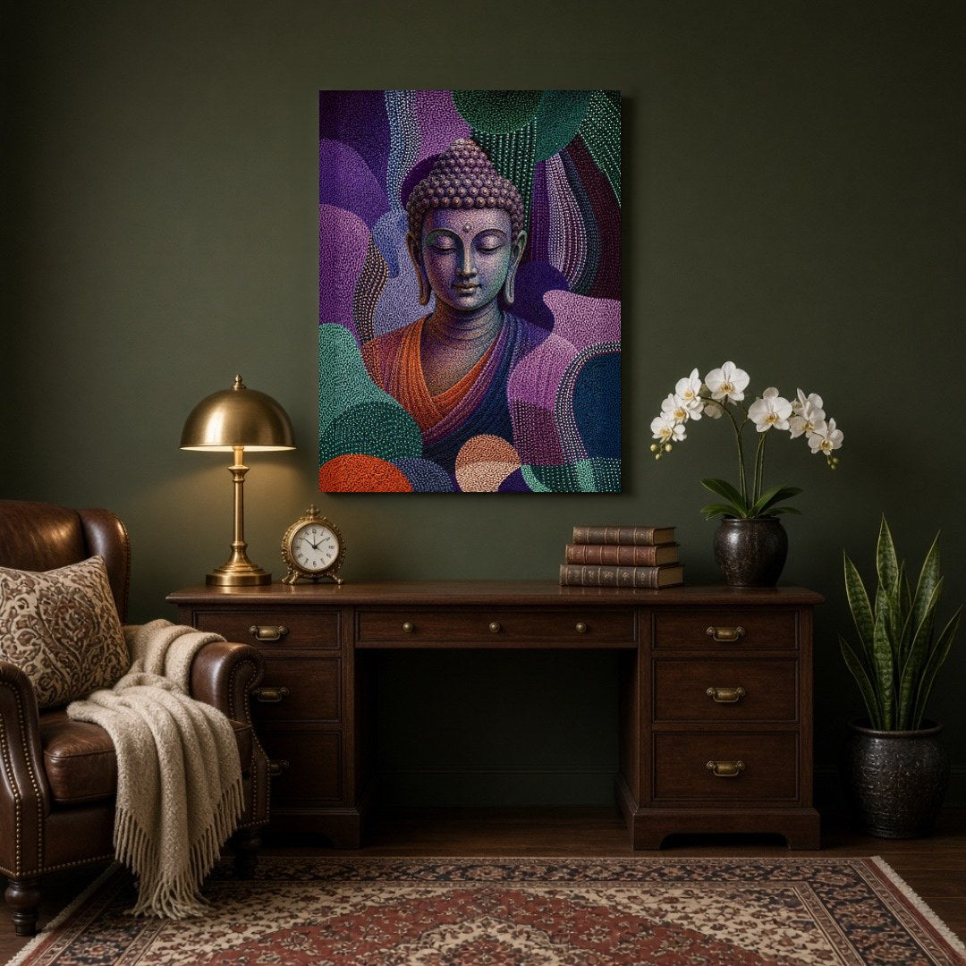 Immerse your space in tranquility with this mesmerizing depiction of Lord Buddha enveloped in a for Study