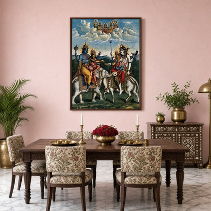Experience the divine harmony of Hindu mythology with this exquisite artwork depicting a celestial for Dining
