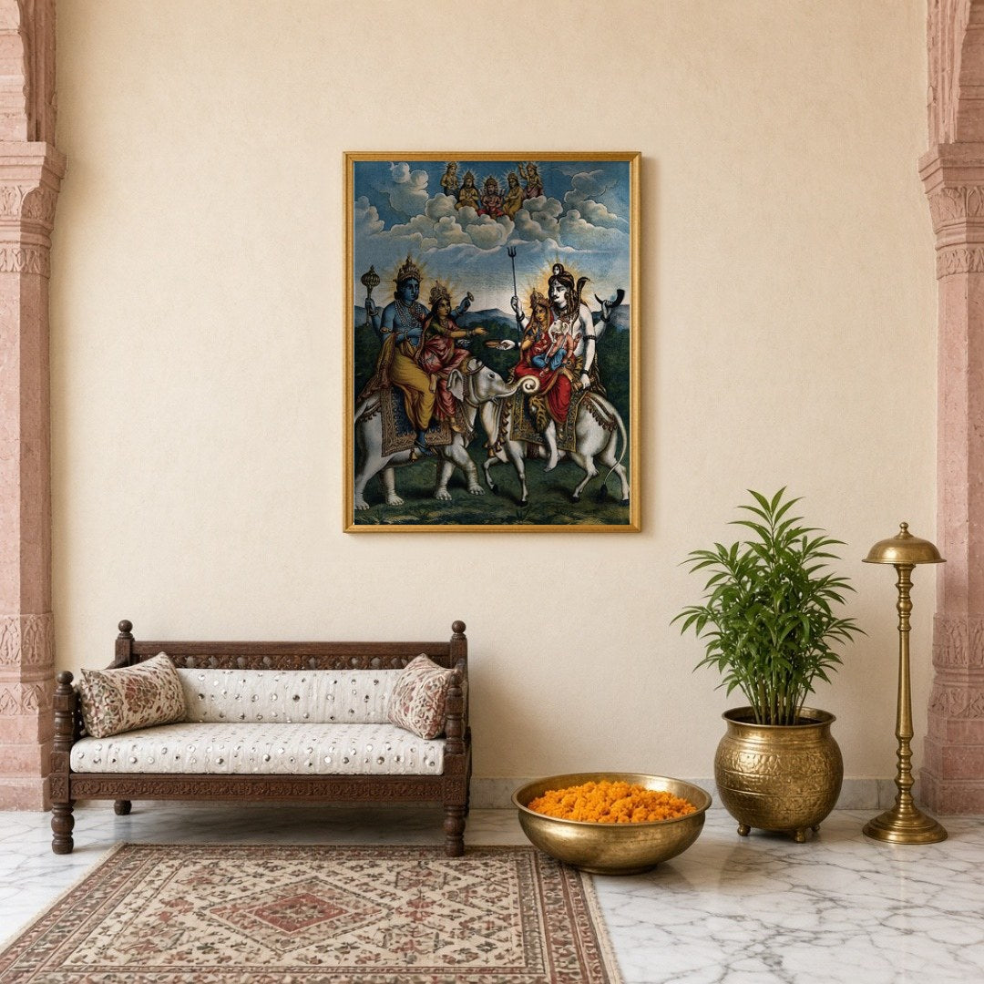 Experience the divine harmony of Hindu mythology with this exquisite artwork depicting a celestial for Entrance
