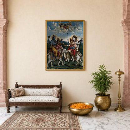 Experience the divine harmony of Hindu mythology with this exquisite artwork depicting a celestial for Entrance