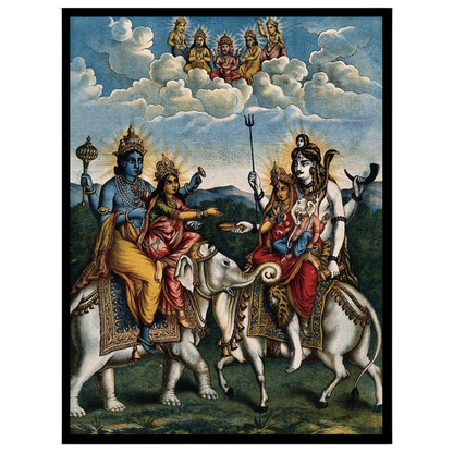 Experience the divine harmony of Hindu mythology with this exquisite artwork depicting a celestial for home