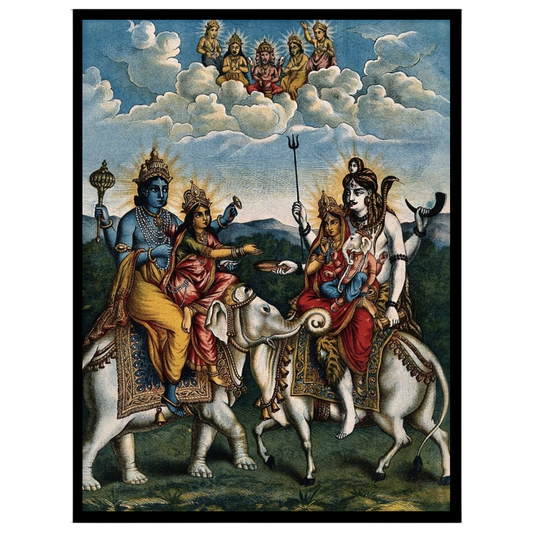 Experience the divine harmony of Hindu mythology with this exquisite artwork depicting a celestial for home