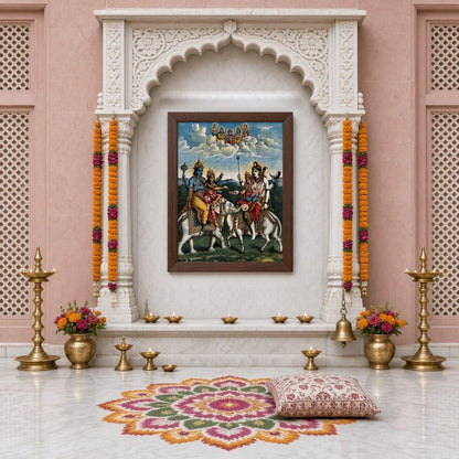 Experience the divine harmony of Hindu mythology with this exquisite artwork depicting a celestial for Home Temple
