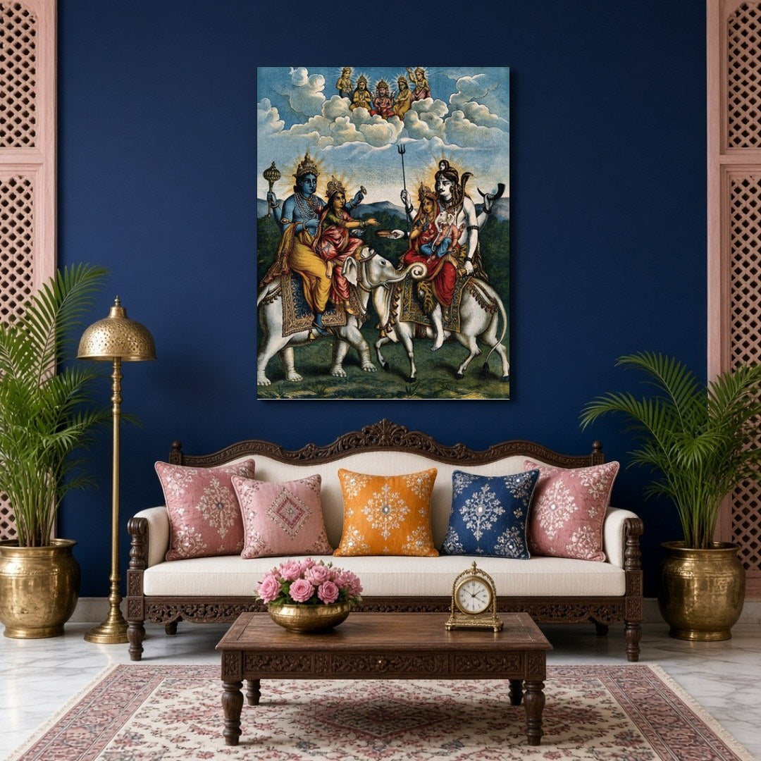 Experience the divine harmony of Hindu mythology with this exquisite artwork depicting a celestial for Living Room