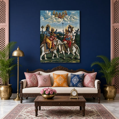 Experience the divine harmony of Hindu mythology with this exquisite artwork depicting a celestial for Living Room