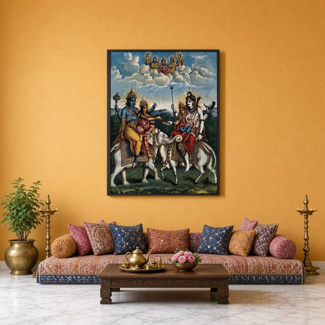 Experience the divine harmony of Hindu mythology with this exquisite artwork depicting a celestial for Sitting Lounge