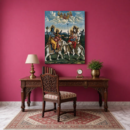 Experience the divine harmony of Hindu mythology with this exquisite artwork depicting a celestial for Study