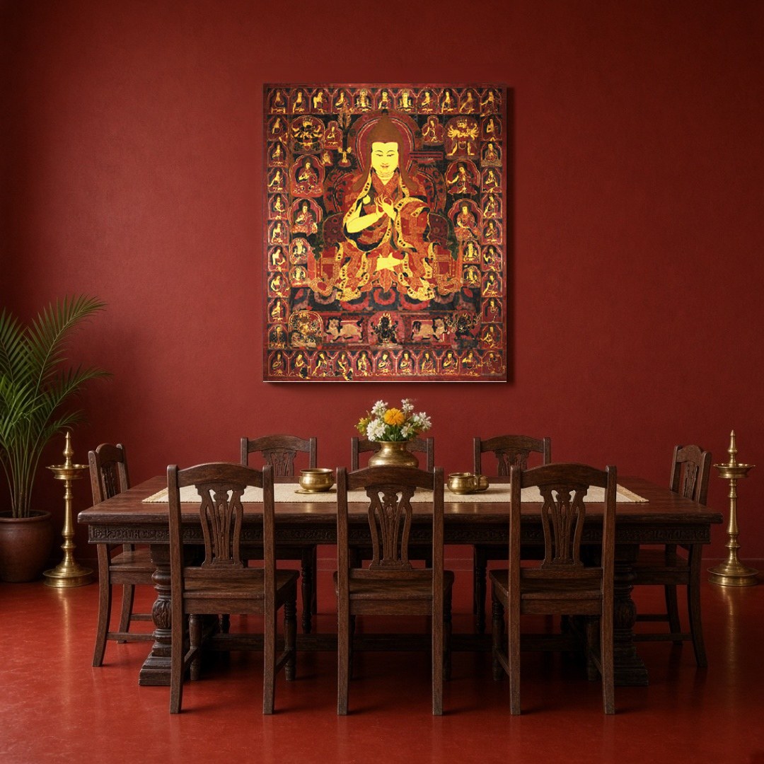 Immerse yourself in the sacred teachings of Tibetan Buddhism with this exquisite Thangka artwork for Dining