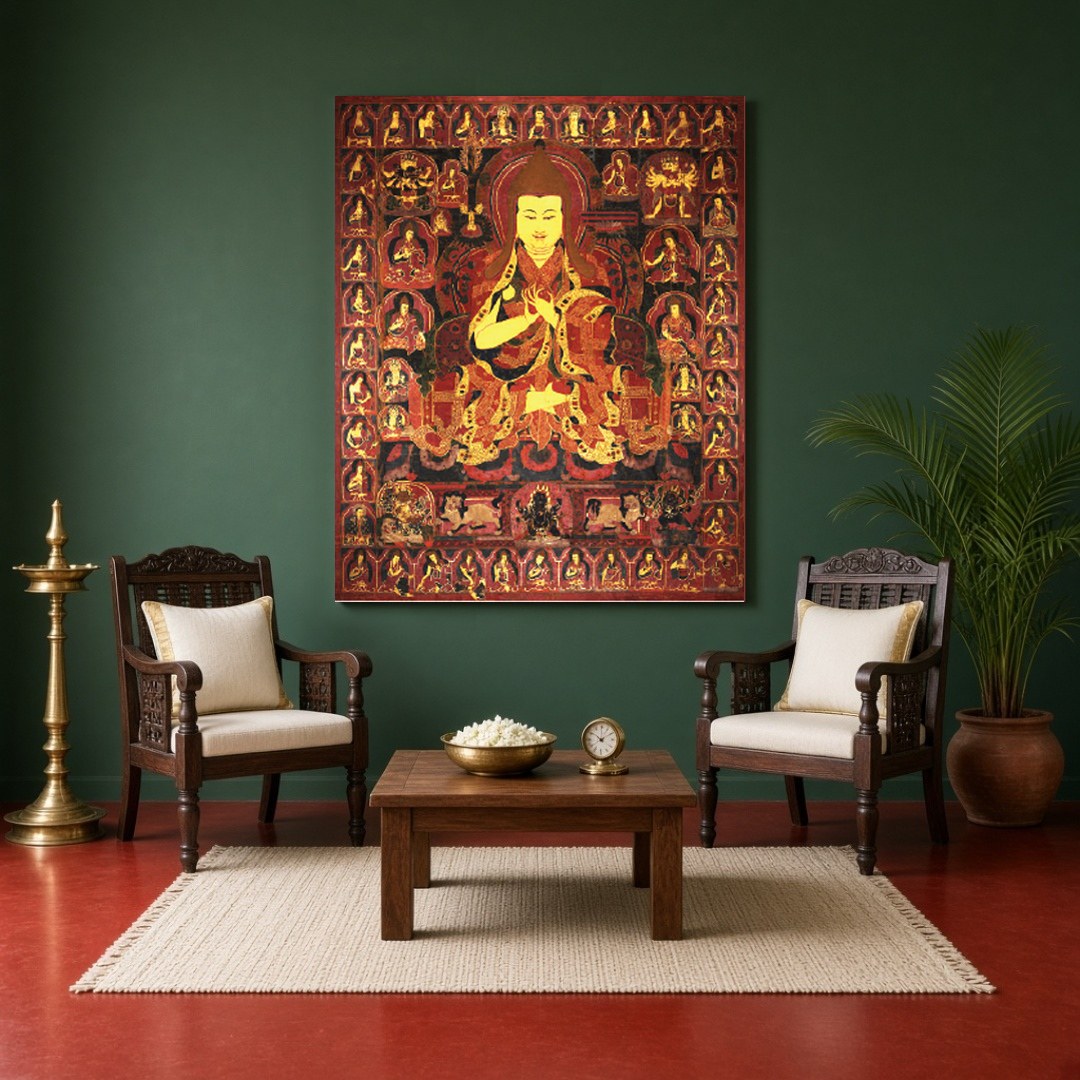 Immerse yourself in the sacred teachings of Tibetan Buddhism with this exquisite Thangka artwork for Sitting Area