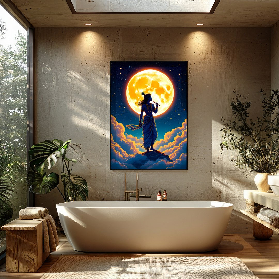 Experience a divine moment with this breathtaking artwork, featuring a silhouetted figure playing a for Bathroom