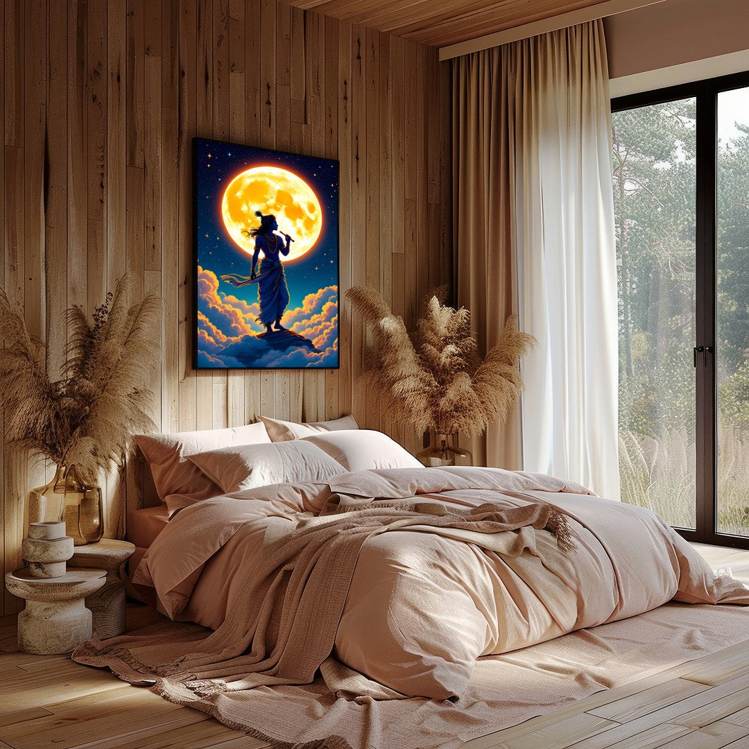 Experience a divine moment with this breathtaking artwork, featuring a silhouetted figure playing a for Bedroom