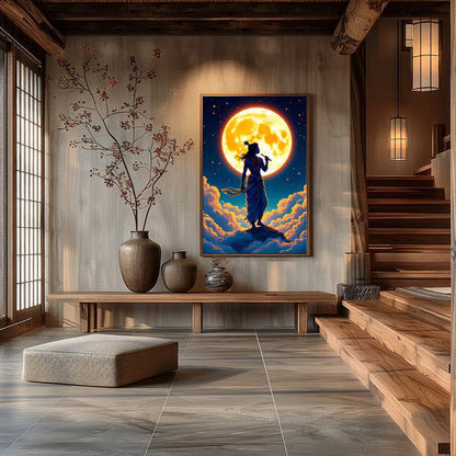 Experience a divine moment with this breathtaking artwork, featuring a silhouetted figure playing a for Hall