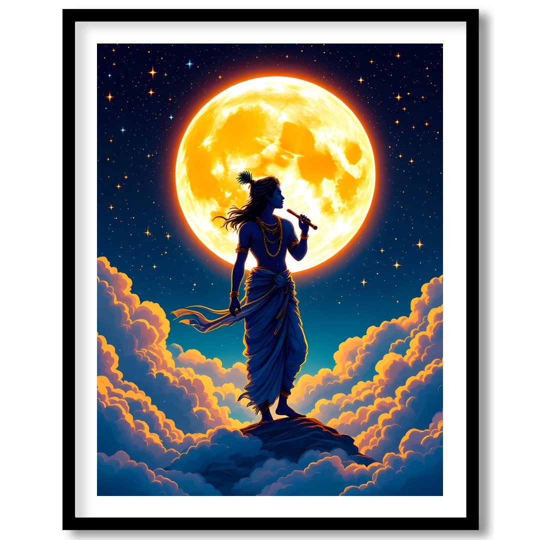 Experience a divine moment with this breathtaking artwork, featuring a silhouetted figure playing a for haven