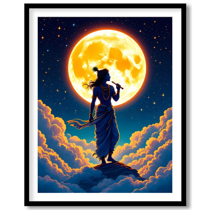 Experience a divine moment with this breathtaking artwork, featuring a silhouetted figure playing a for haven