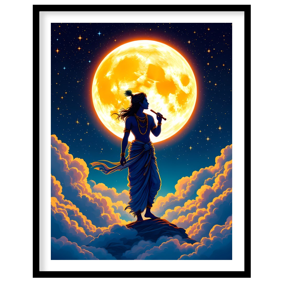 Experience a divine moment with this breathtaking artwork, featuring a silhouetted figure playing a for haven
