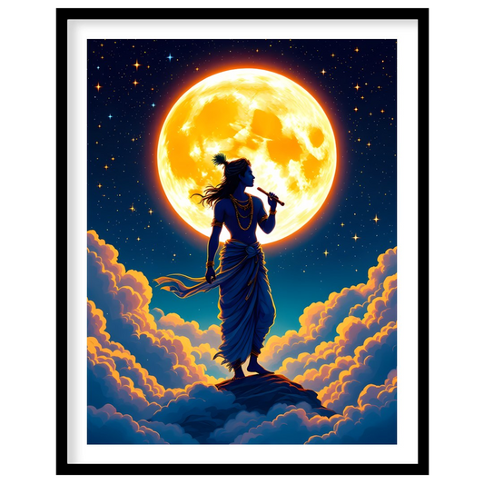 Experience a divine moment with this breathtaking artwork, featuring a silhouetted figure playing a for haven