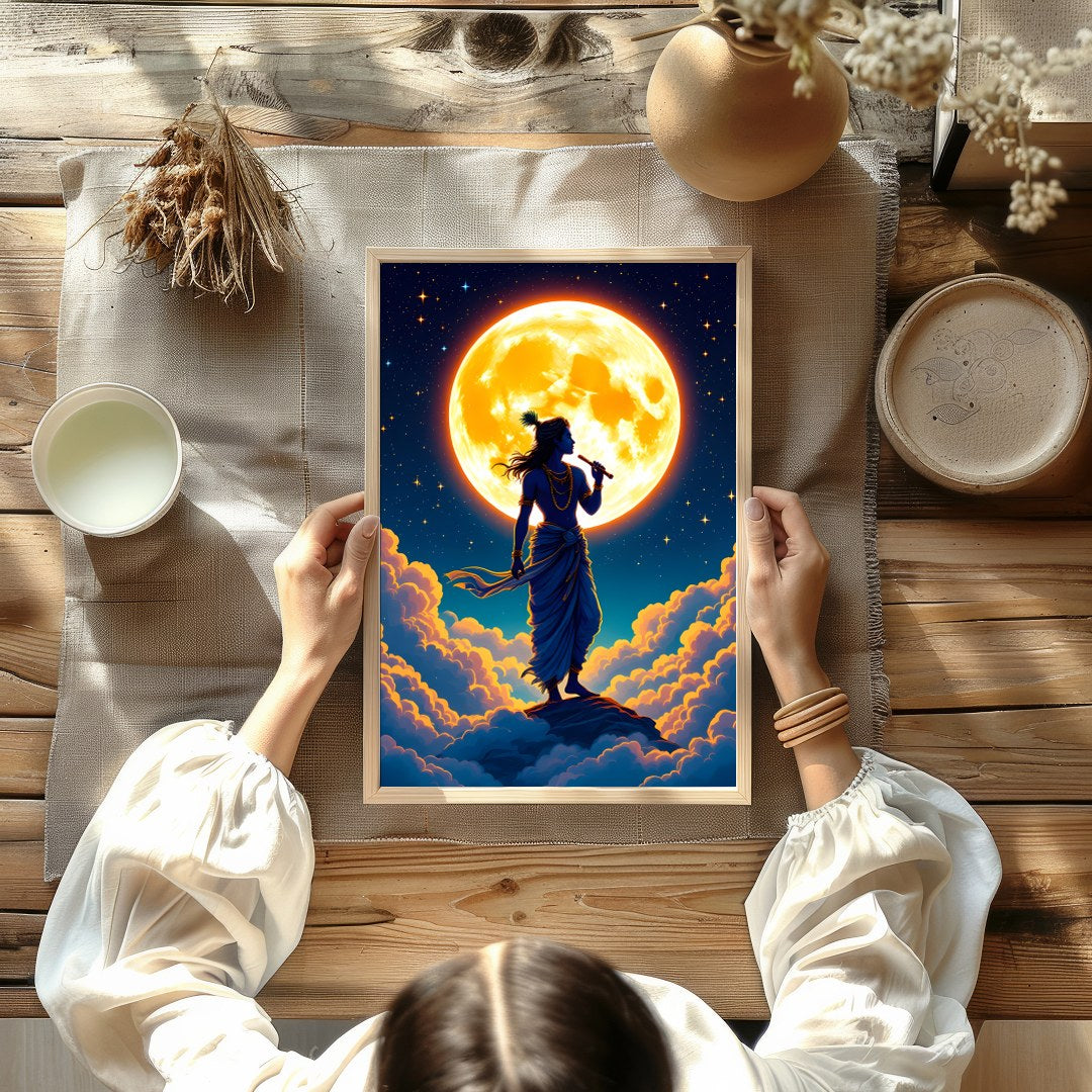 Experience a divine moment with this breathtaking artwork, featuring a silhouetted figure playing a for Kitchen