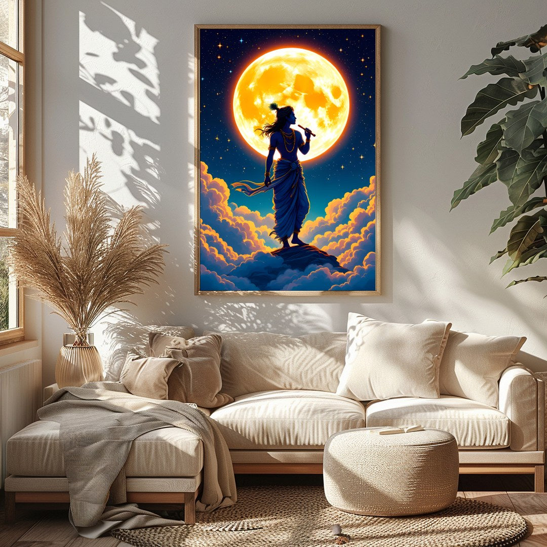 Experience a divine moment with this breathtaking artwork, featuring a silhouetted figure playing a for Sitting Area
