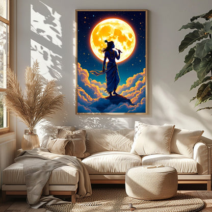 Experience a divine moment with this breathtaking artwork, featuring a silhouetted figure playing a for Sitting Area
