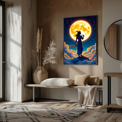 Experience a divine moment with this breathtaking artwork, featuring a silhouetted figure playing a for space