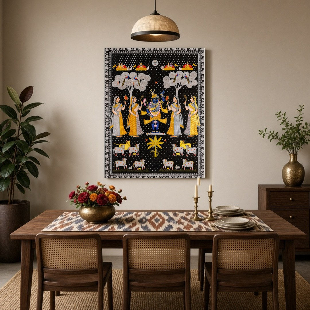 Embrace the divine charm of this exquisite Pichwai painting featuring Lord Shrinathji surrounded by for Dining