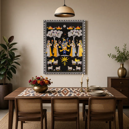 Embrace the divine charm of this exquisite Pichwai painting featuring Lord Shrinathji surrounded by for Dining