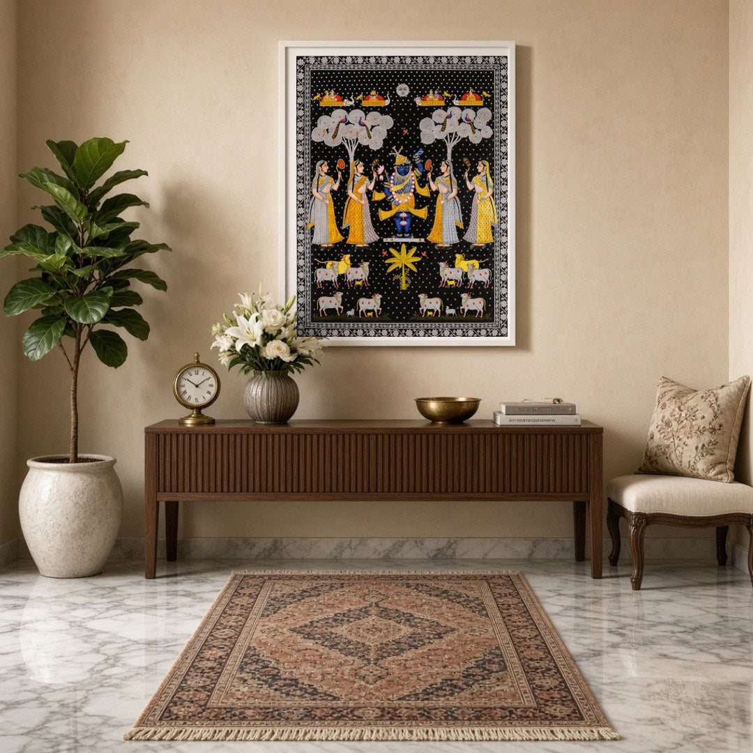 Embrace the divine charm of this exquisite Pichwai painting featuring Lord Shrinathji surrounded by for Entrance