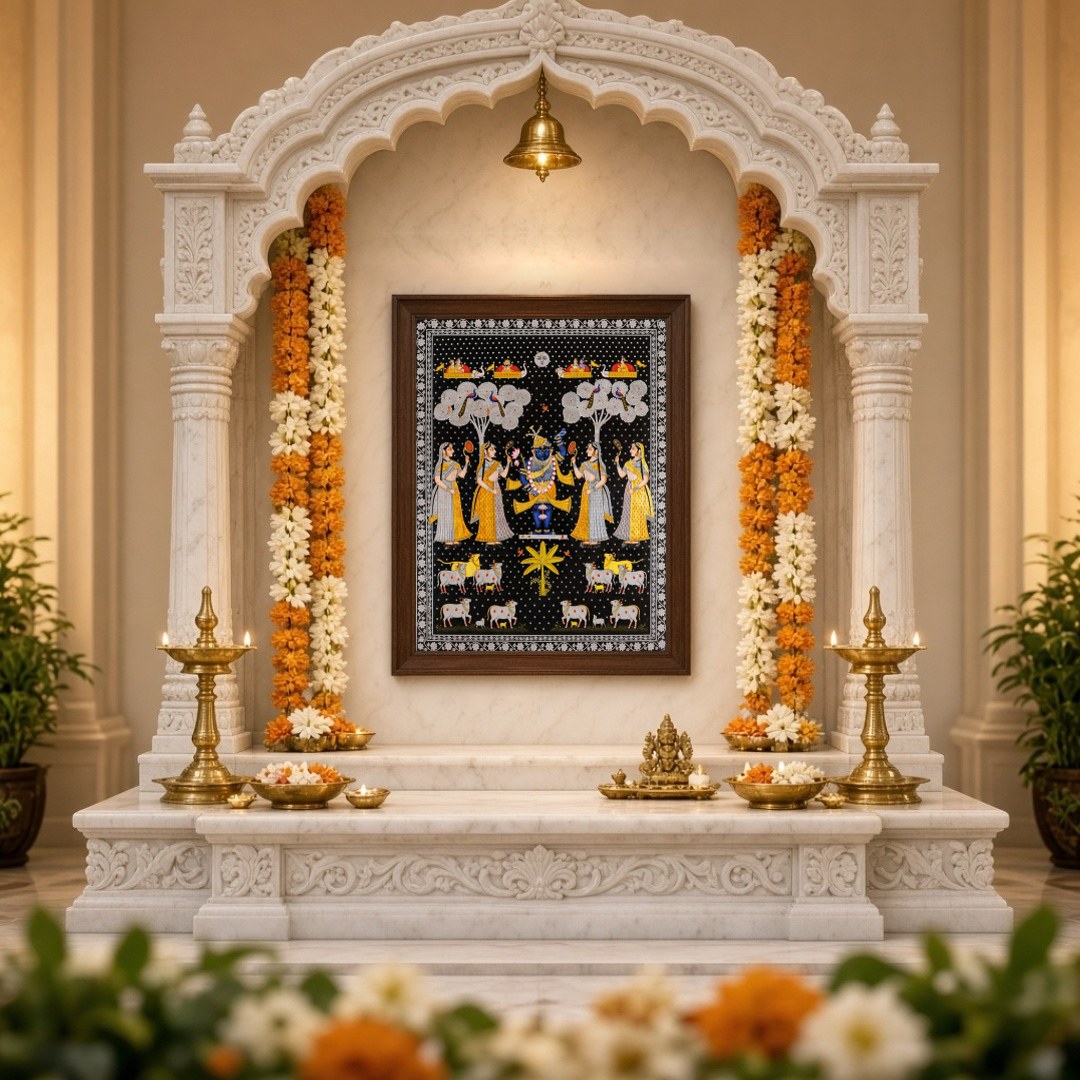 Embrace the divine charm of this exquisite Pichwai painting featuring Lord Shrinathji surrounded by for Home Temple
