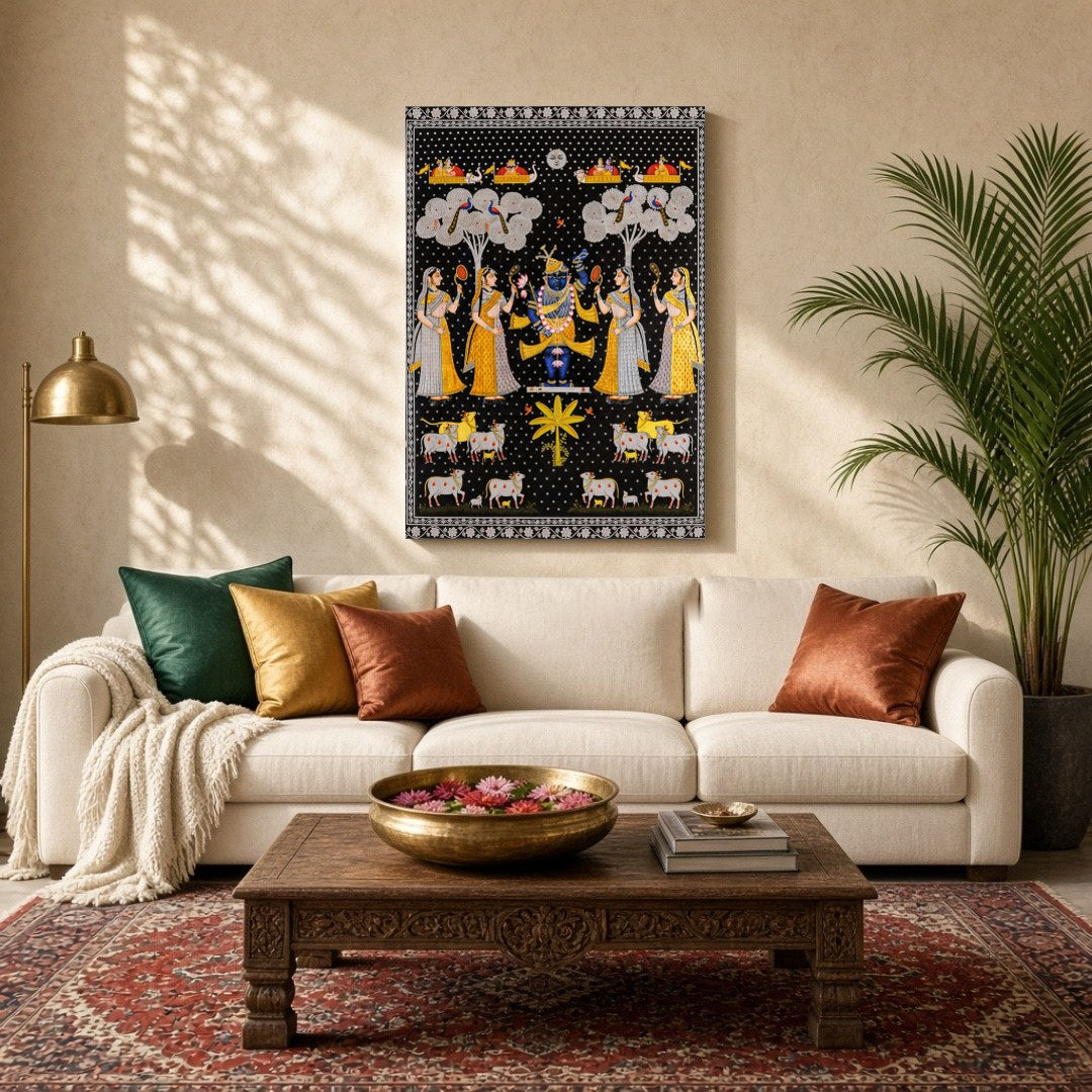 Embrace the divine charm of this exquisite Pichwai painting featuring Lord Shrinathji surrounded by for Living Room