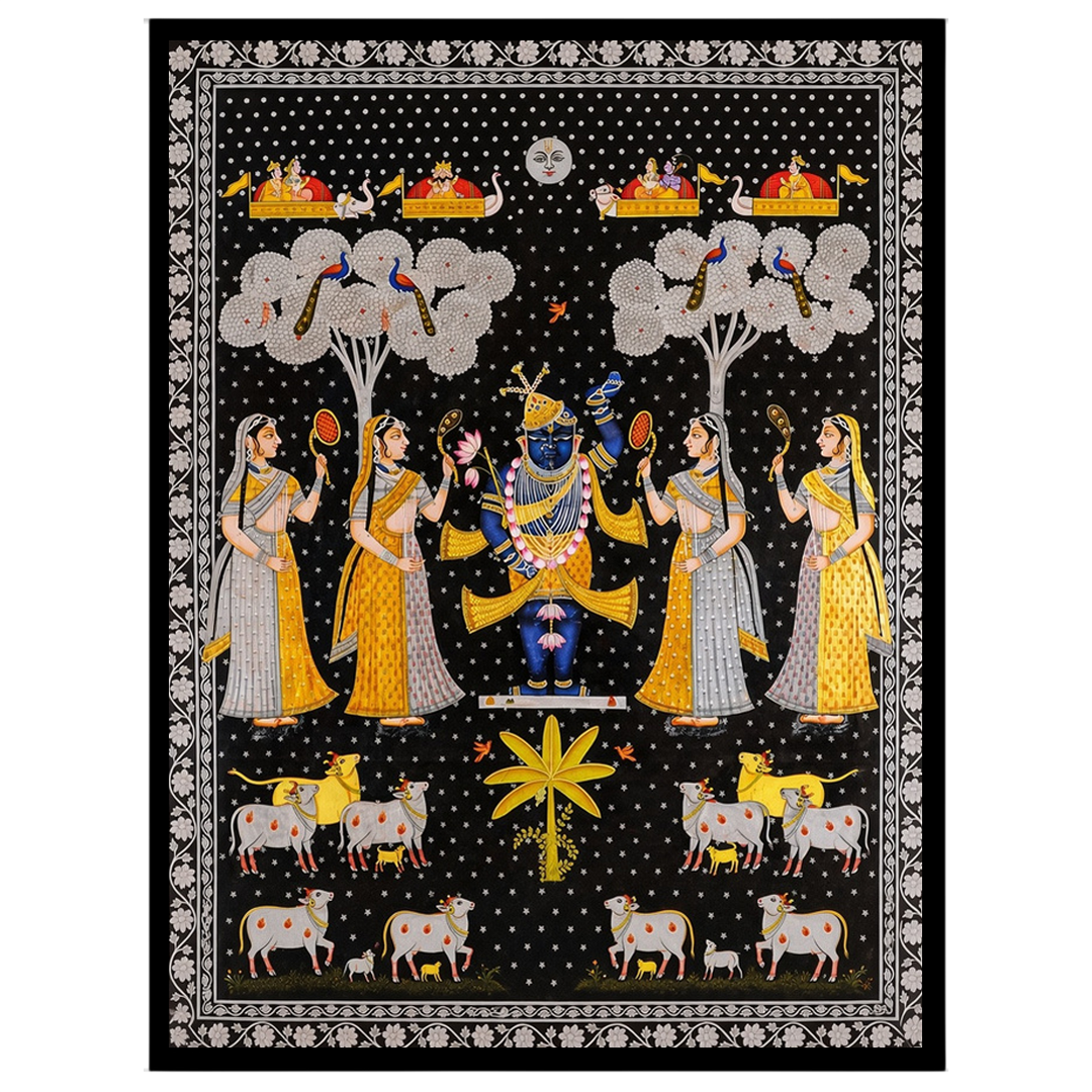 Embrace the divine charm of this exquisite Pichwai painting featuring Lord Shrinathji surrounded by for residence