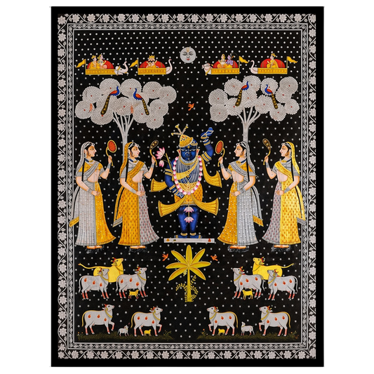 Embrace the divine charm of this exquisite Pichwai painting featuring Lord Shrinathji surrounded by for residence
