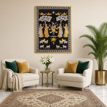 Embrace the divine charm of this exquisite Pichwai painting featuring Lord Shrinathji surrounded by for Sitting Lounge