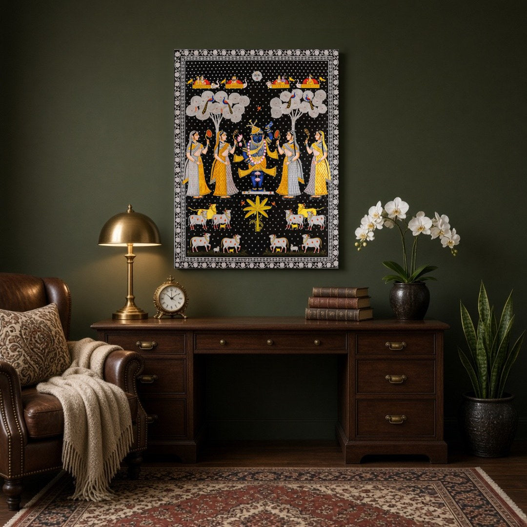Embrace the divine charm of this exquisite Pichwai painting featuring Lord Shrinathji surrounded by for Study