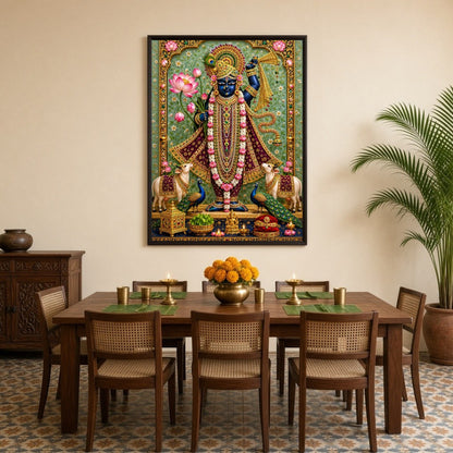 Immerse yourself in the divine splendor of Shrinathji, beautifully presented amidst a lush cascade for Dining
